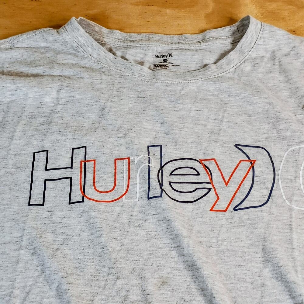 Hurley Mens T-Shirt Large Heather Gray Short Sleeve Spellout Logo Graphic Tee